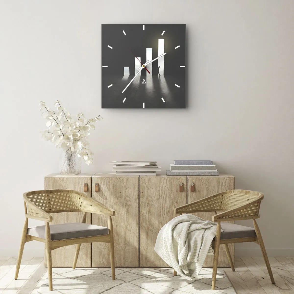 Zegar ścienny - Symboliczny wzrost w postaci przejść oświetlonych światłem - 30x30cm - Sukces – impresja - Nowoczesna dekoracja ścienna do salonu i sypialni ARTTOR