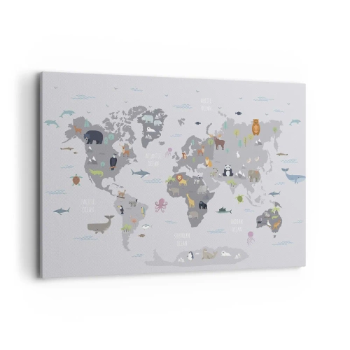 Obraz na płótnie - Mapa świata z ilustracjami zwierząt na szarym tle - 100x70cm - Powiedz mi, skąd jesteś… - Nowoczesna dekoracja ścienna do salonu, kuchni i sypialni ARTTOR