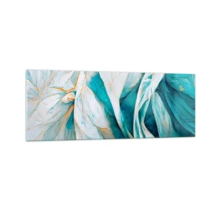 Obraz na szkle - Abstrakcyjne błękitne liście ze złotymi detalami - 140x50cm - Błękitna abstrakcja z motywem złota - Nowoczesna dekoracja ścienna do salonu i sypialni ARTTOR