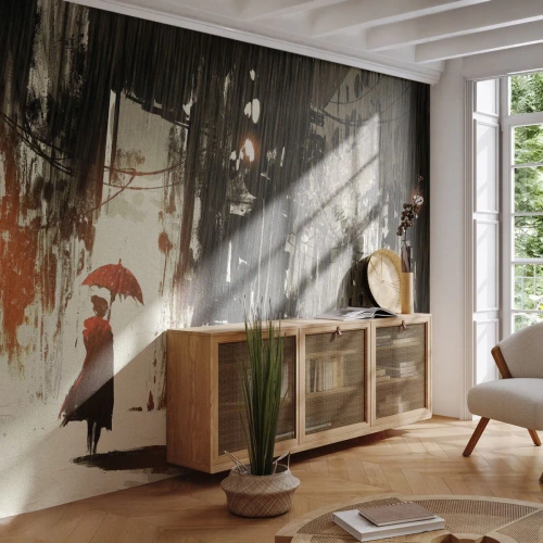 Fototapeta Samoprzylepna Deluxe Sticker - Poezja czerwonego parasola - Miasto, Kobieta, Architektura - 100x70 cm