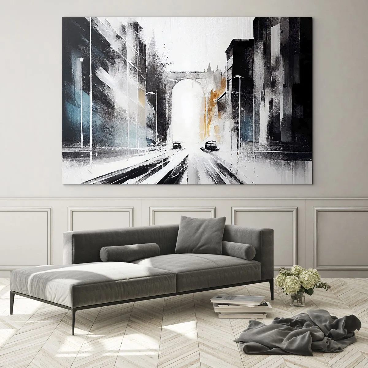 Obraz na szkle - Dynamiczna miejska ulica z samochodami i łukiem w tle w malarskim stylu - 70x50cm - Studium miasta: architektura i ruch - Nowoczesna dekoracja ścienna do salonu i sypialni ARTTOR