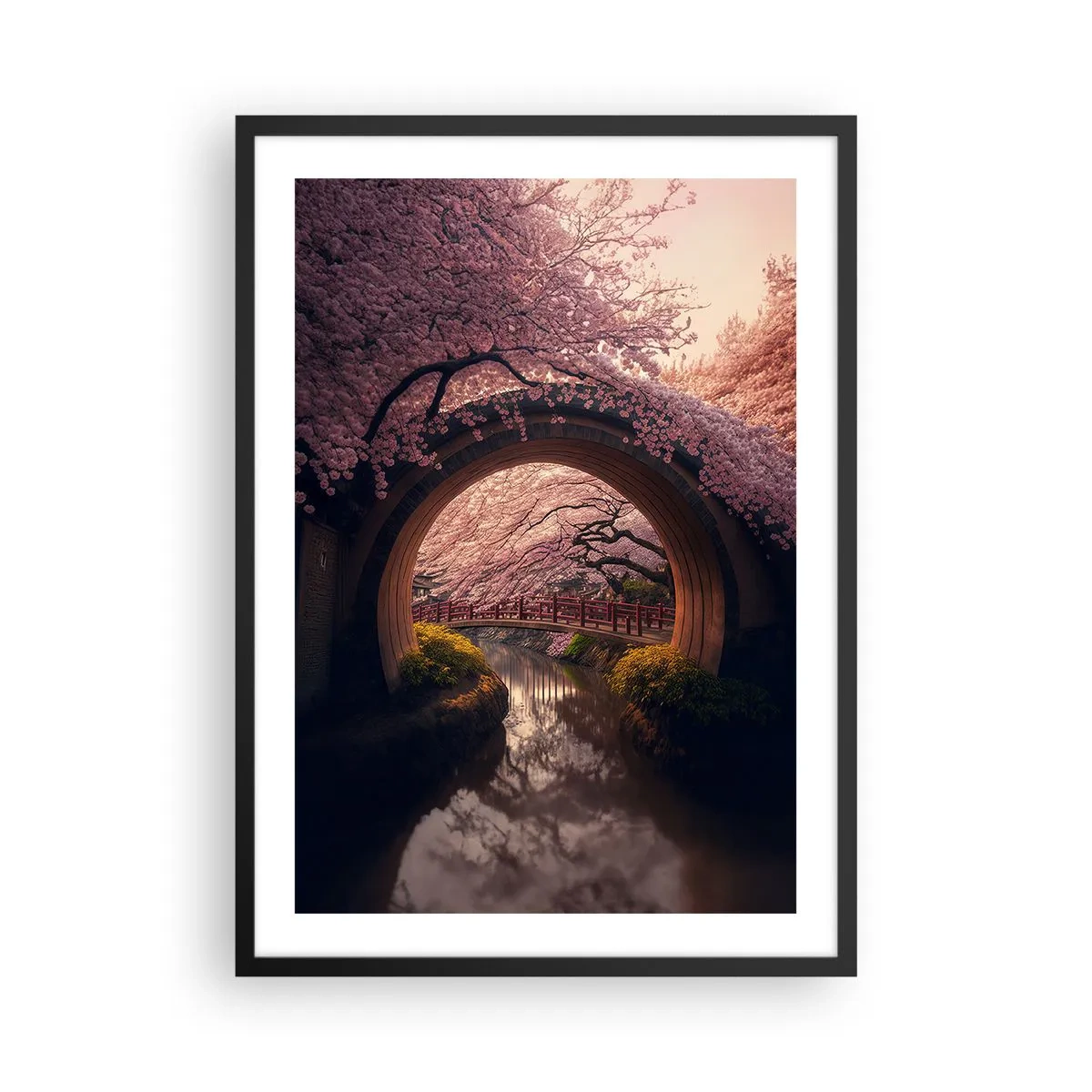 Plakat w czarnej ramie - Romantyczny most wśród kwitnących wiśni - 50x70cm - Japońska wiosna - Nowoczesna dekoracja ścienna do salonu i sypialni ARTTOR