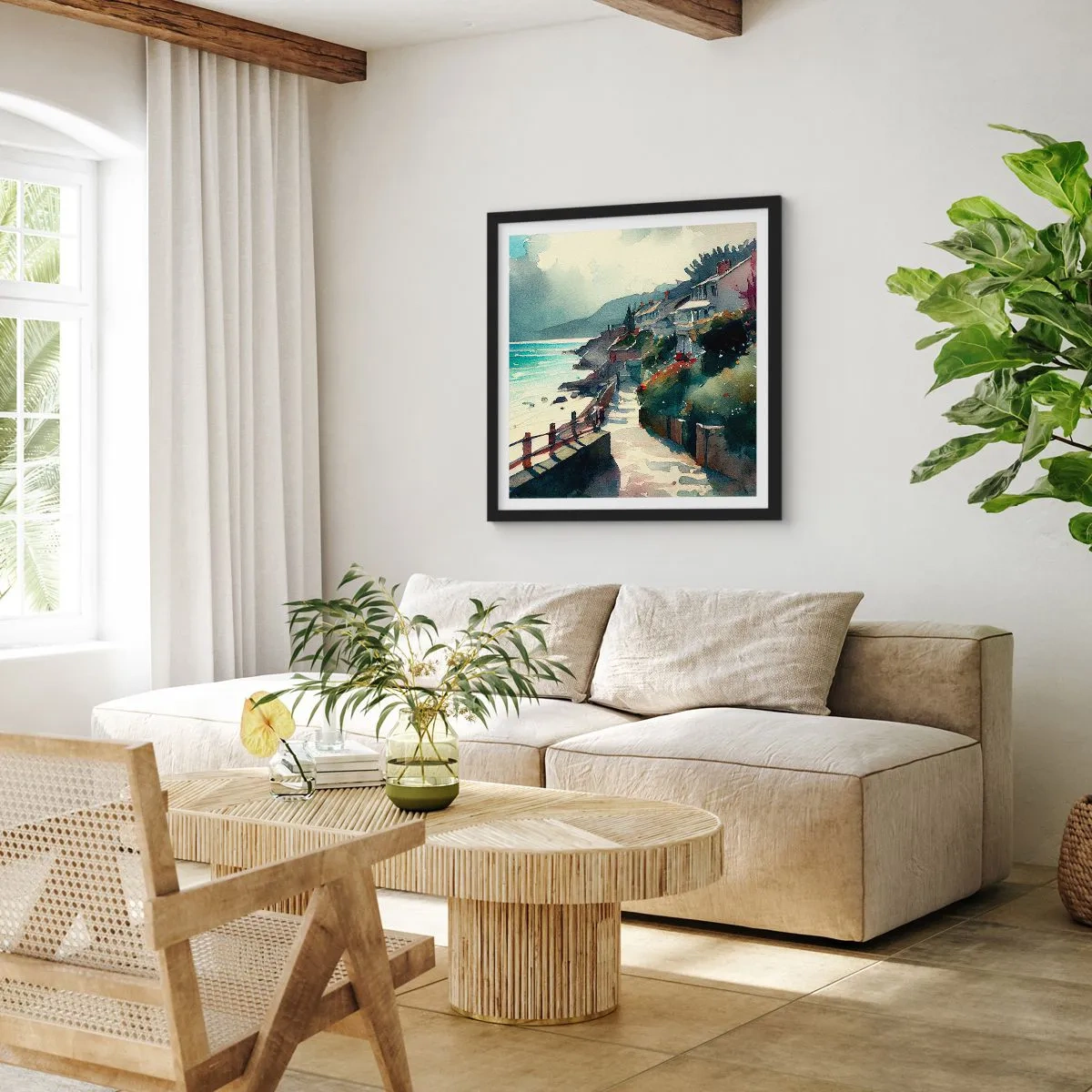 Plakat w czarnej ramie - Śródziemnomorskie miasteczko - 30x30 cm