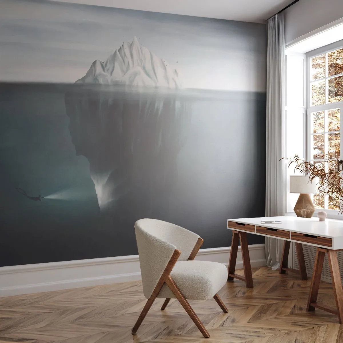 Fototapeta Premium Sand - Góry lodowej i nurka z latarką pod powierzchnią wody - 100x70cm - Podwodna tajemnica - Nowoczesna dekoracja ścienna do salonu, kuchni i sypialni ARTTOR