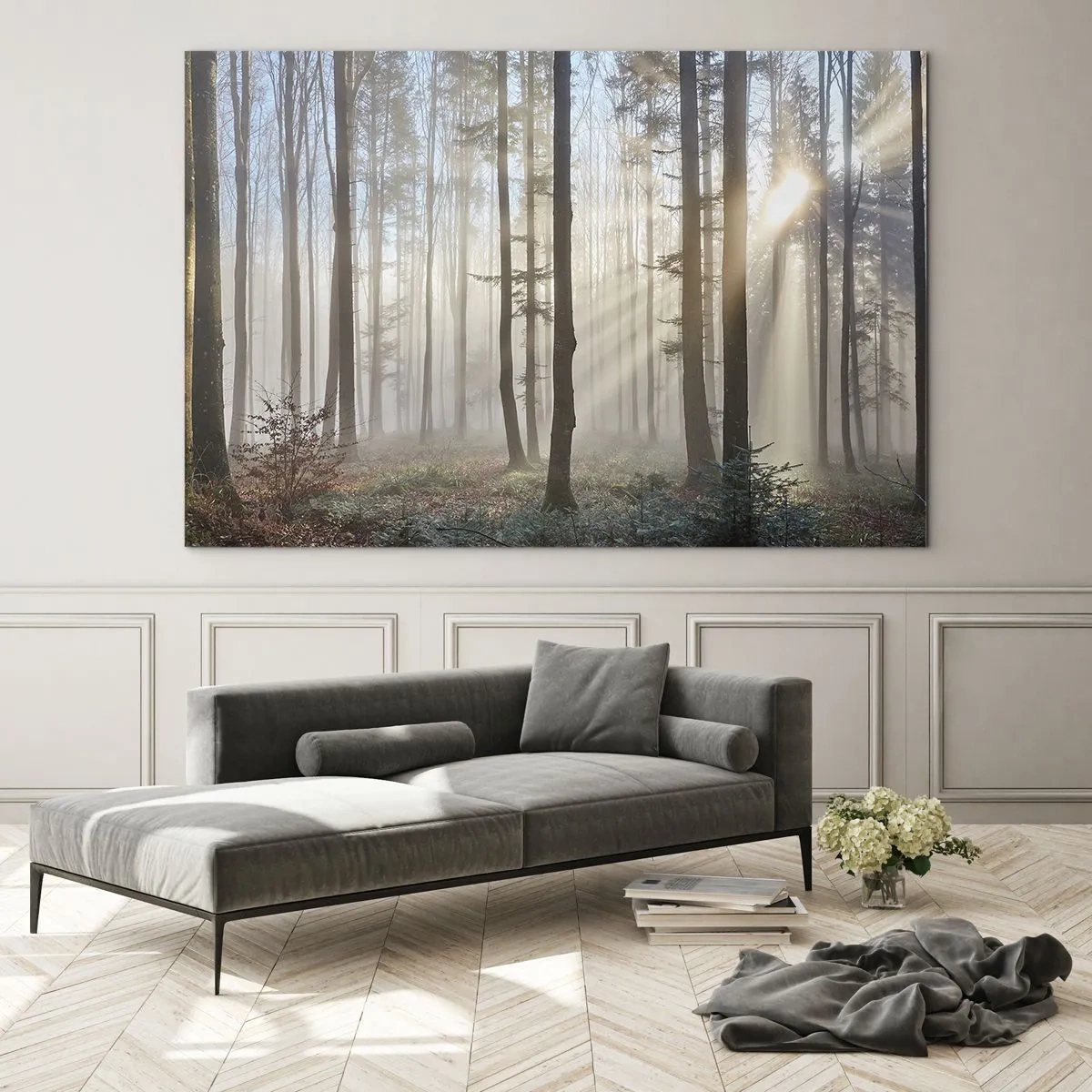 Obraz na szkle - Poranne promienie słońca przenikające przez mglisty las - 120x80cm - Mgła też się zbudziła - Nowoczesna dekoracja ścienna do salonu, kuchni i sypialni ARTTOR