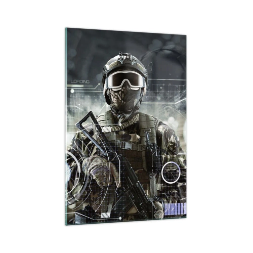 Obraz na szkle - Żołnierz w futurystycznym hełmie z bronią w tle technologii - 70x100cm - Moc do potęgi - Nowoczesna dekoracja ścienna do salonu i sypialni ARTTOR