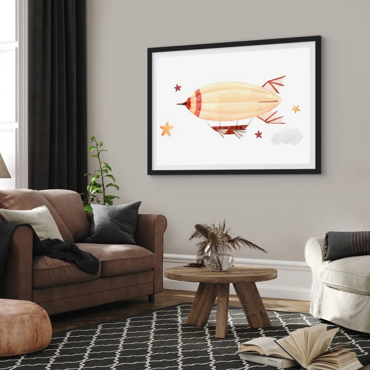 Plakat w czarnej ramie - Ręcznie malowany sterowiec na tle gwiazd - 70x50cm - Powietrzny statek - Nowoczesna dekoracja ścienna do salonu i sypialni ARTTOR