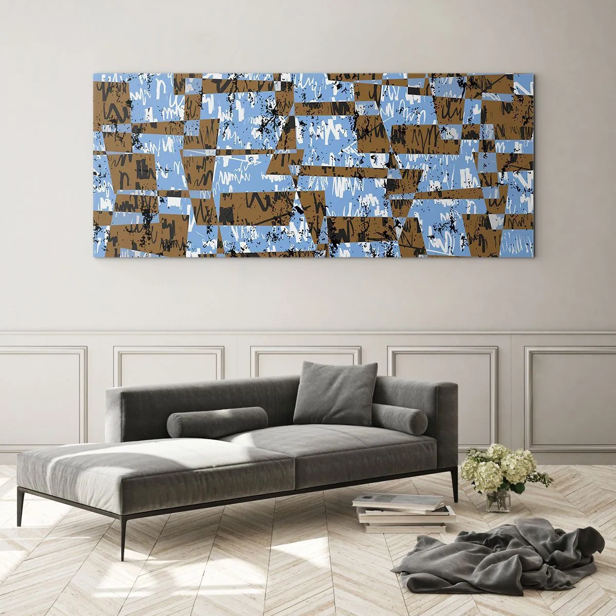 Obraz na szkle - Abstrakcyjna kompozycja z prostokątów w odcieniach brązu i niebieskiego - 120x50cm - Nieludowa wycinanka - Nowoczesna dekoracja ścienna do salonu i sypialni ARTTOR