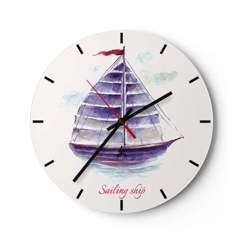 Zegar ścienny - Fioletowa żaglówka z czerwonym masztem na spokojnym morzu - 30x30cm - Pełnych żagli i spokojnej wody - Nowoczesna dekoracja ścienna do salonu, kuchni i sypialni ARTTOR