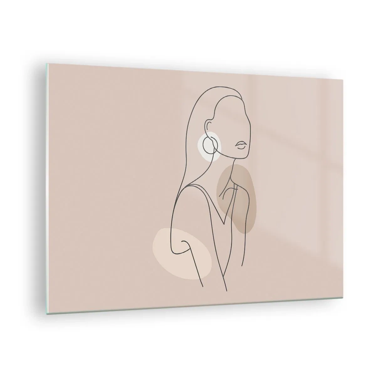 Obraz na szkle - Minimalistyczna sylwetka kobiety na beżowym tle - 70x50cm - Ikona dziewczęcości - Nowoczesna dekoracja ścienna do salonu i sypialni ARTTOR