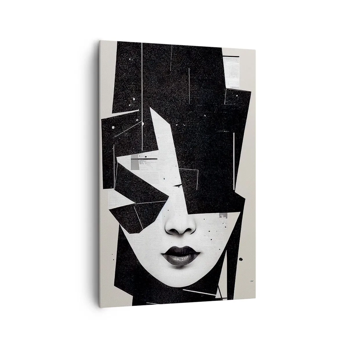 Obraz na płótnie - Abstrakcyjna kompozycja twarzy kobiety w czerni i bieli - 80x120cm - Głęboko ukryte - Nowoczesna dekoracja ścienna do salonu i sypialni ARTTOR