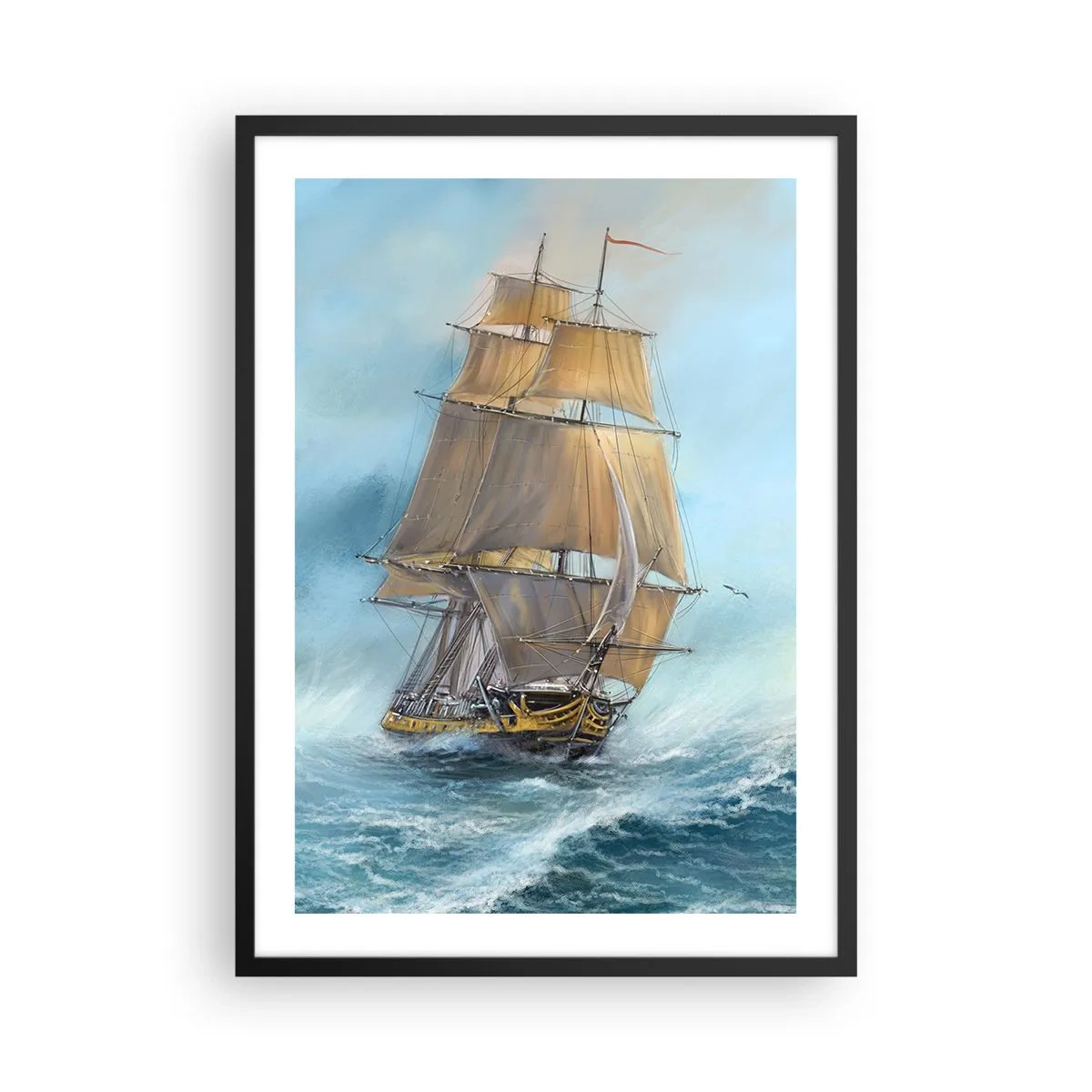 Plakat w czarnej ramie - Żaglowiec płynący przez wzburzone morze w realistycznym stylu - 50x70cm - Mknący po falach - Nowoczesna dekoracja ścienna do salonu i sypialni ARTTOR