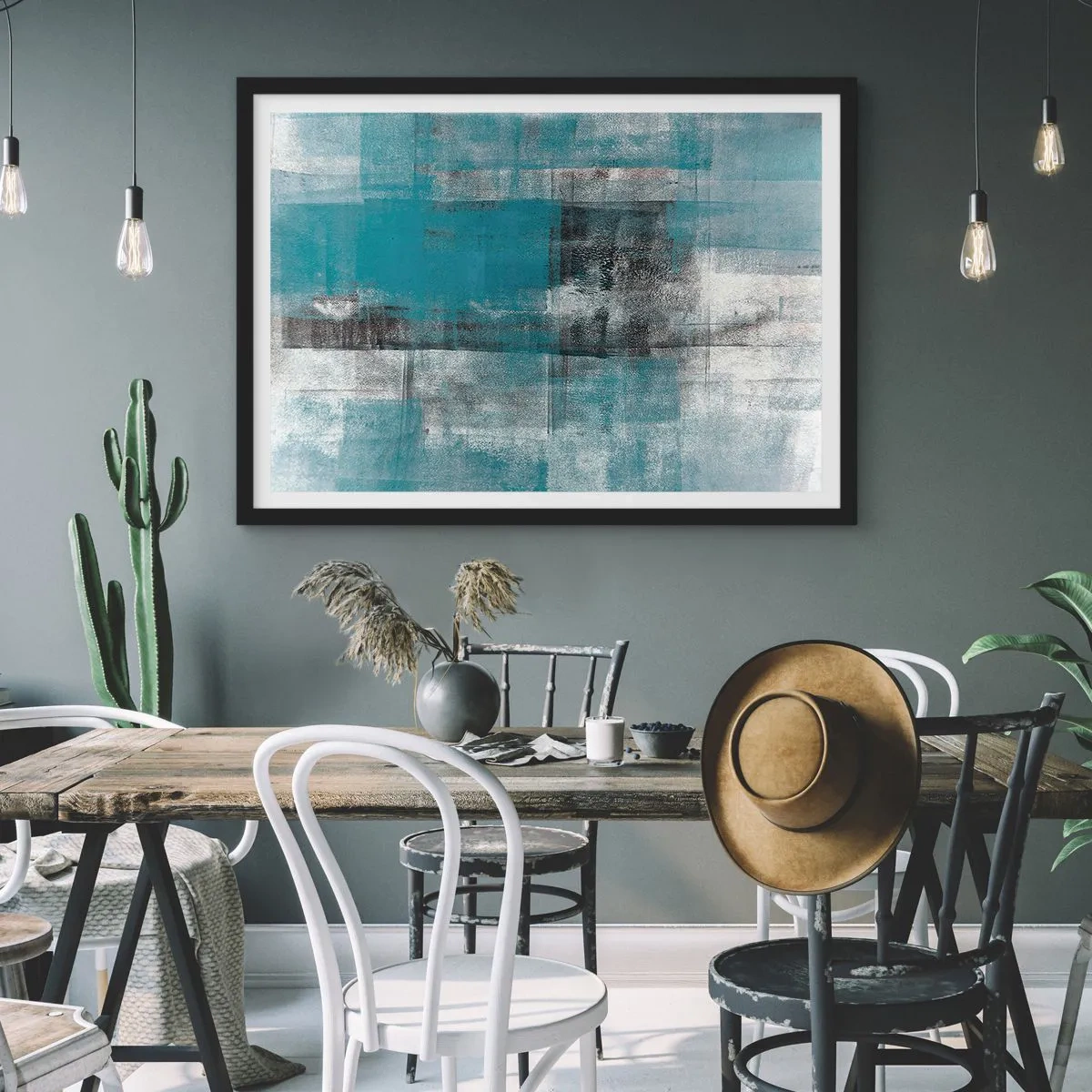 Plakat w czarnej ramie - Abstrakcyjna kompozycja w odcieniach błękitu z teksturą i warstwami - 70x50cm - Woda i powietrze - Nowoczesna dekoracja ścienna do salonu i sypialni ARTTOR