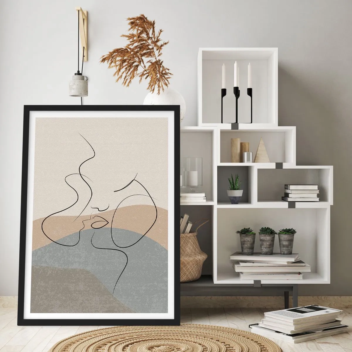 Plakat w czarnej ramie - Jak muśnięcie pędzlem - Minimalistyczna linia tworząca kobiecą twarz - 50x70cm