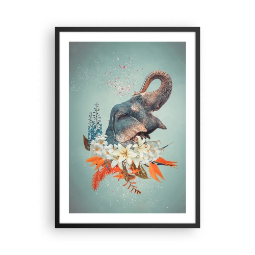 Plakat w czarnej ramie - Słoń wśród kwiatów w surrealistycznej kompozycji - 50x70cm - Ryk radości - Nowoczesna dekoracja ścienna do salonu i sypialni ARTTOR