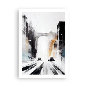 Plakat - Abstrakcyjna panorama miasta z monumentalnym łukiem - 50x70cm - Studium miasta: architektura i ruch - Nowoczesna dekoracja ścienna do salonu, kuchni i sypialni ARTTOR