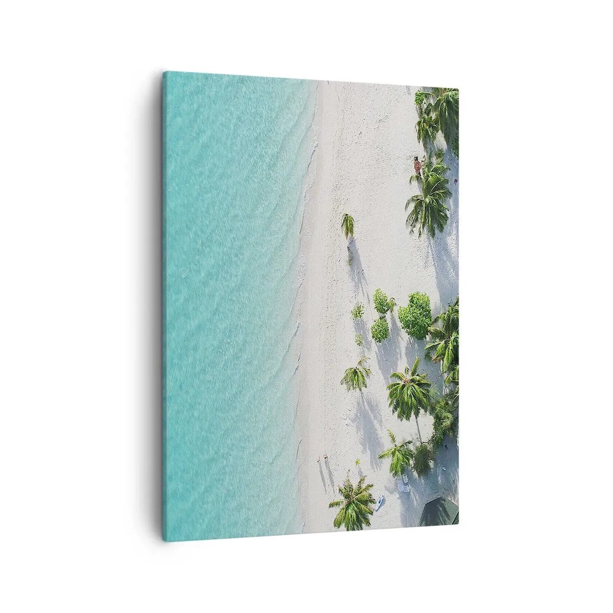 Obraz na płótnie - Tropikalna plaża z turkusowym morzem i palmami widziana z lotu ptaka - 50x70cm - Wakacje w raju - Nowoczesna dekoracja ścienna do salonu, kuchni i sypialni ARTTOR