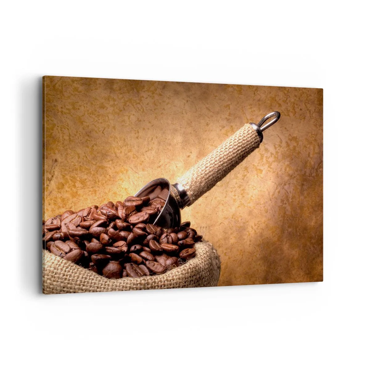 Obraz na płótnie - Ziarna kawy w worku jutowym z metalową łyżką - 120x80cm - U źródeł smaku - Nowoczesna dekoracja ścienna do salonu, kuchni i sypialni ARTTOR