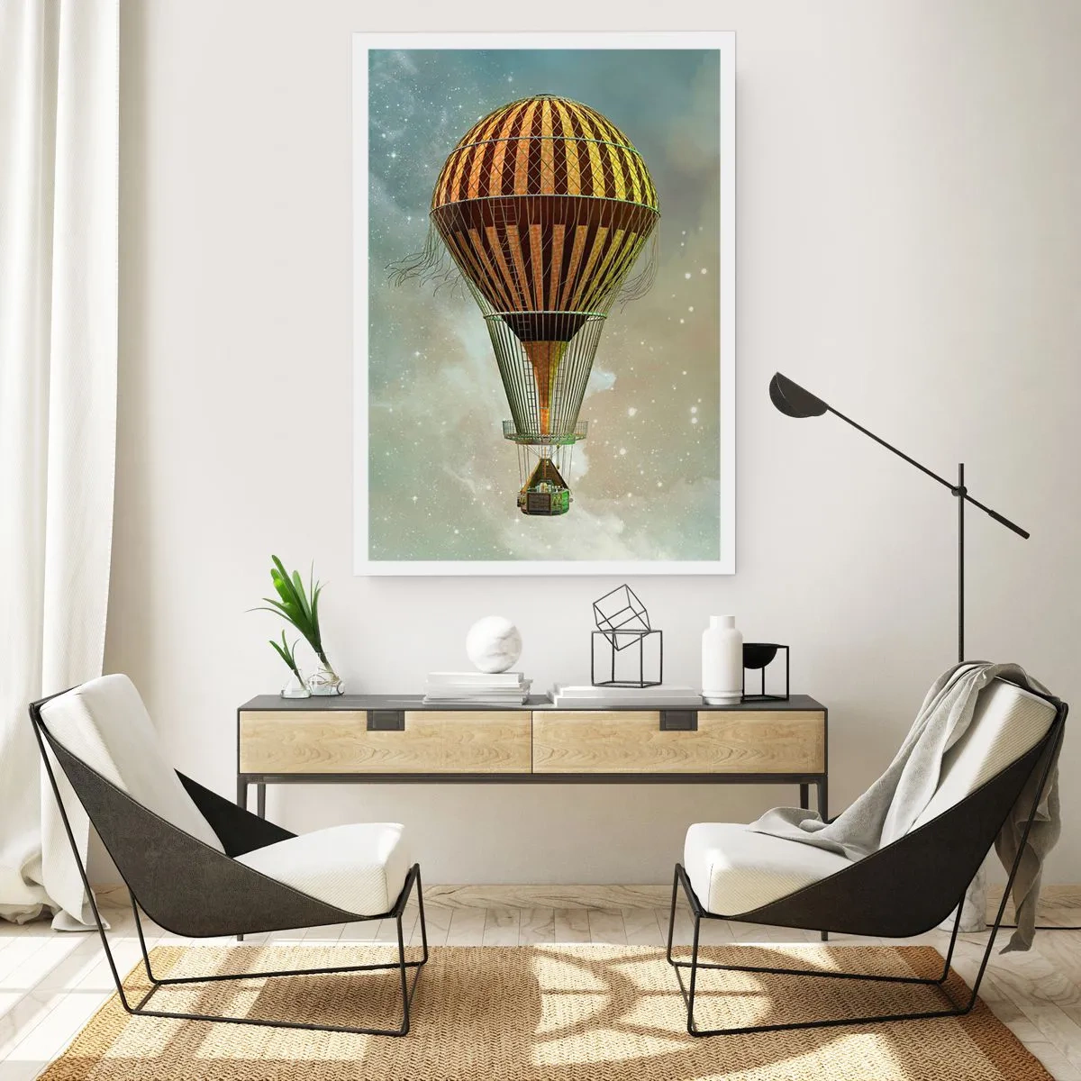 Plakat - Złoty balon unoszący się w kosmicznej przestrzeni - 50x70cm - Pionierskie loty - Nowoczesna dekoracja ścienna do salonu, kuchni i sypialni ARTTOR
