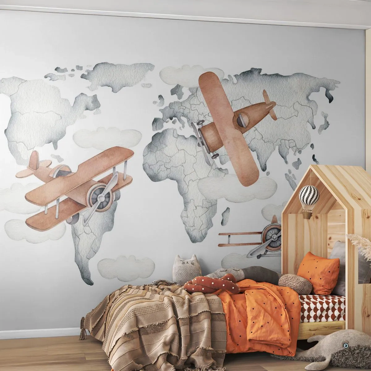 Fototapeta Premium Canvas - W pionierskim duchu - Mapa Świata, Samoloty, Dziecięce - 250x175 cm