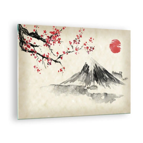 Obraz na szkle - Japońska akwarela z górą i kwitnącą gałęzią - 70x50cm - Pokochaj Japonię - Nowoczesna dekoracja ścienna do salonu i sypialni ARTTOR