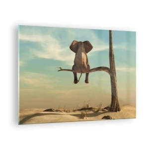 Obraz na szkle - Słon na gałęzi drzewa w surrealistycznej scenerii - 70x50cm - Nowy punkt widzenia - Nowoczesna dekoracja ścienna do salonu i sypialni ARTTOR
