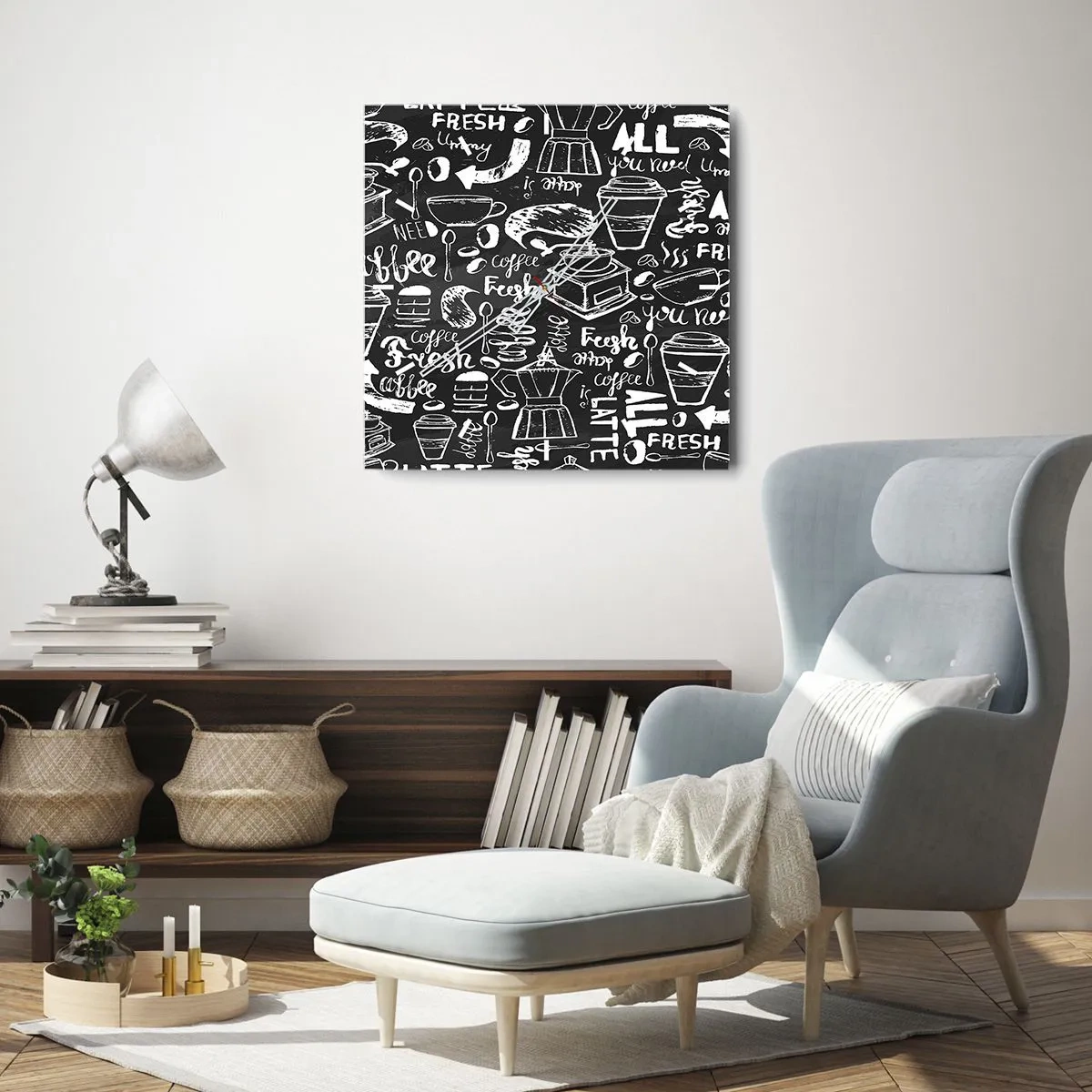 Zegar ścienny - Stylowa grafika kawowa na czarnym tle - 30x30cm - All you need is… - Nowoczesna dekoracja ścienna do salonu i sypialni ARTTOR