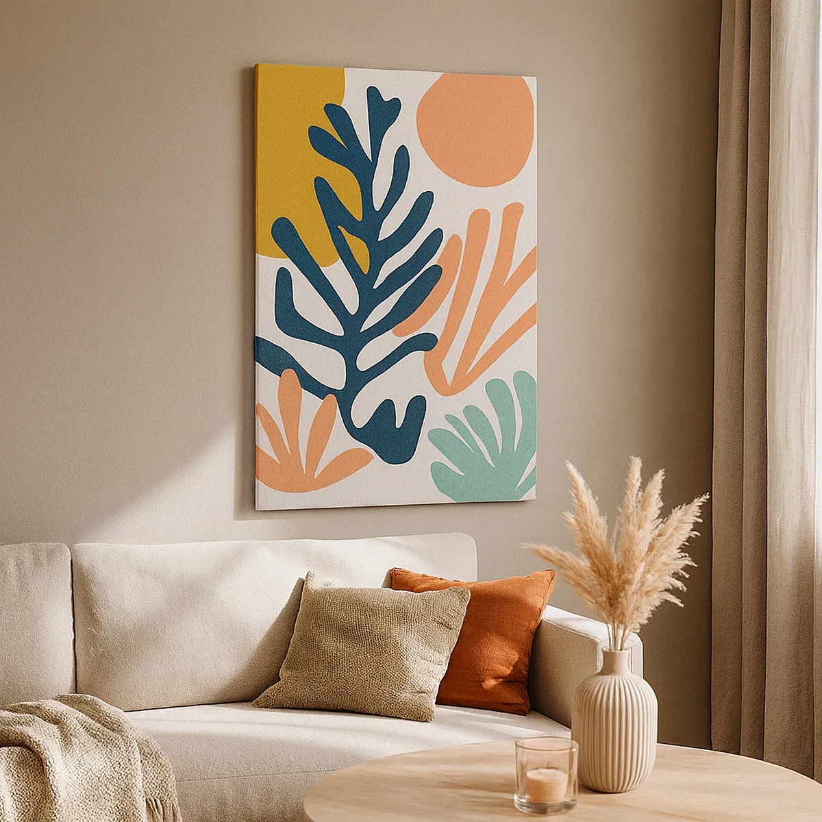 Obraz na płótnie - Abstrakcyjna kompozycja roślinnych kształtów w odcieniach koralu, granatu i złota - 50x70cm - Koralowe morza - Nowoczesna dekoracja ścienna do salonu, kuchni i sypialni ARTTOR