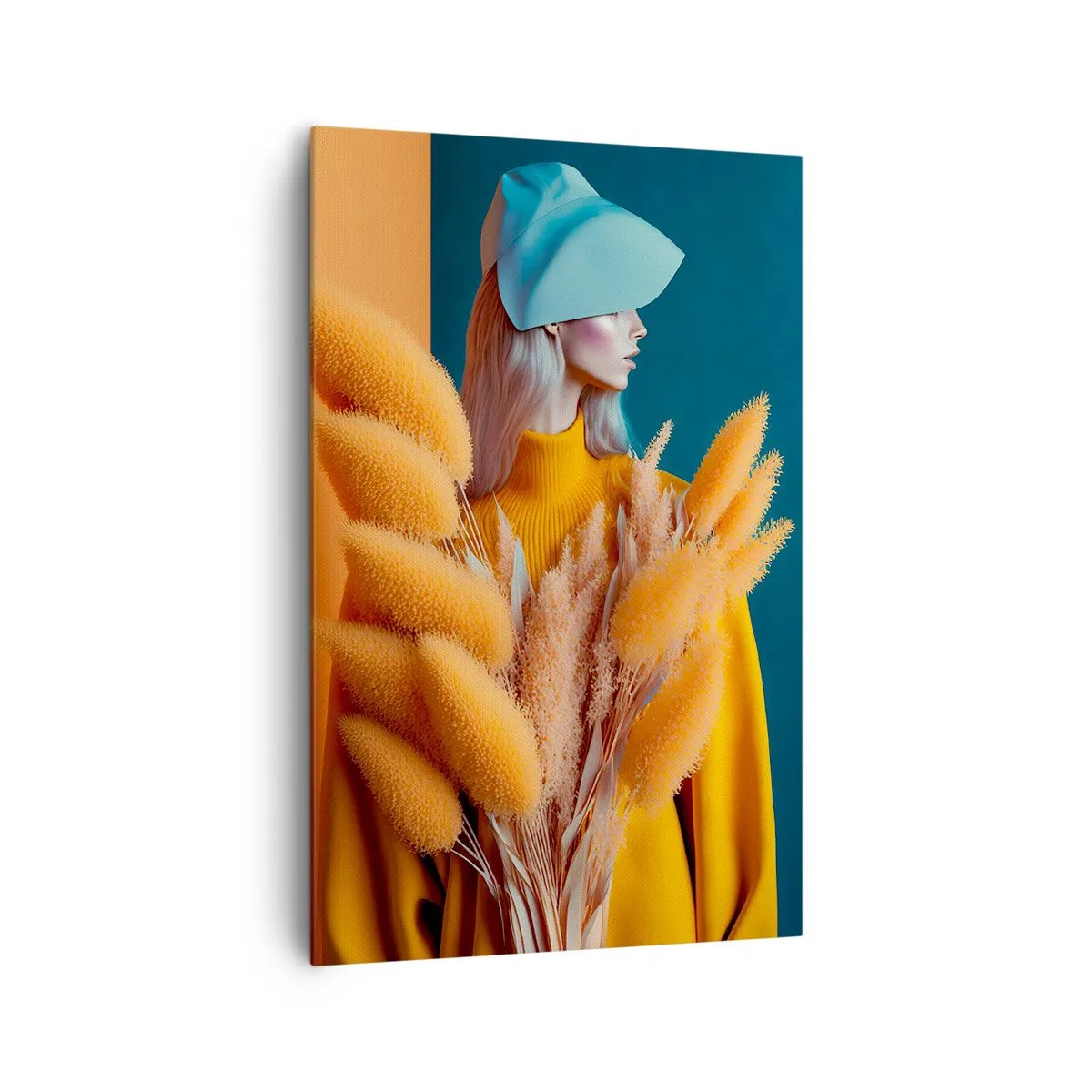 Obraz na płótnie - Portret kobiety w żółtym stroju z suszonymi roślinami na tle turkusu - 80x120cm - Portret puszysty - Nowoczesna dekoracja ścienna do salonu i sypialni ARTTOR
