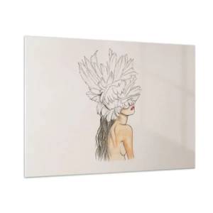 Obraz na szkle - Rysunek kobiety z długimi włosami i koroną z dużych piór - 100x70cm - Piękność ukoronowana - Nowoczesna dekoracja ścienna do salonu, kuchni i sypialni ARTTOR