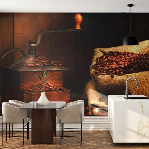Fototapeta Samoprzylepna Deluxe Sticker - Martwa natura z ziarnami kawy i młynkiem - Gastronomia, Kawa, Młynek Do Kawy - 400x280 cm