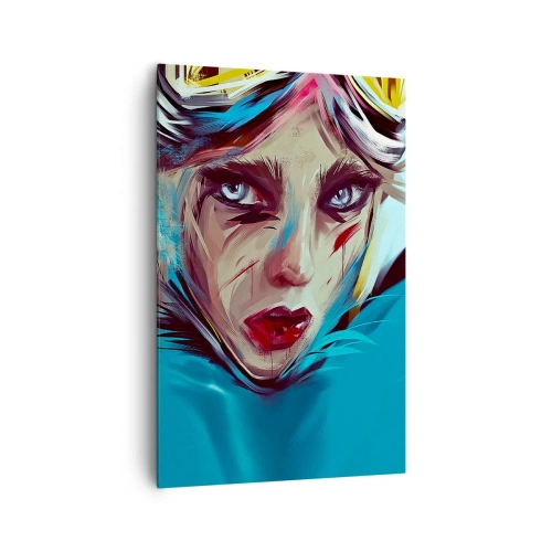 Obraz na płótnie - Portret kobiety w dynamicznych kolorach i abstrakcyjnym stylu - 80x120cm - Wojowniczka szos - Nowoczesna dekoracja ścienna do salonu i sypialni ARTTOR