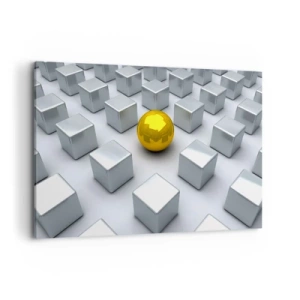 Obraz na płótnie - Złota kula wyróżniająca się wśród srebrnych sześcianów - 120x80cm - Dlaczego ja? Kompozycja geometryczna - Nowoczesna dekoracja ścienna do salonu, kuchni i sypialni ARTTOR