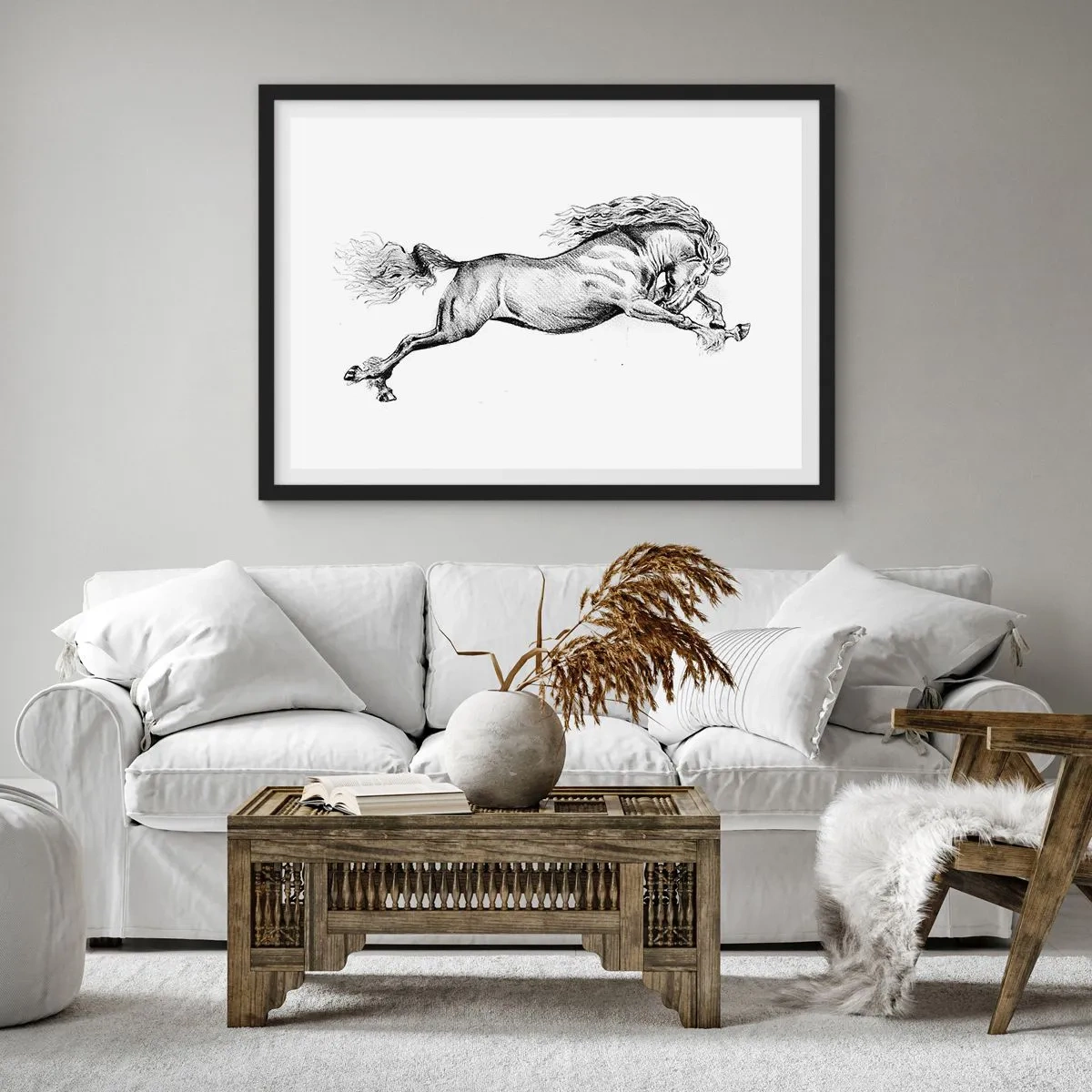 Plakat w czarnej ramie - Szkic konia w dynamicznym galopie na białym tle - 100x70cm - Zatrzymany w galopie - Nowoczesna dekoracja ścienna do salonu i sypialni ARTTOR