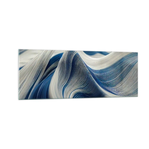 Obraz na szkle - Abstrakcyjne fale w odcieniach błękitu i bieli - 140x50cm - Płynność błękitu i bieli - Nowoczesna dekoracja ścienna do salonu i sypialni ARTTOR