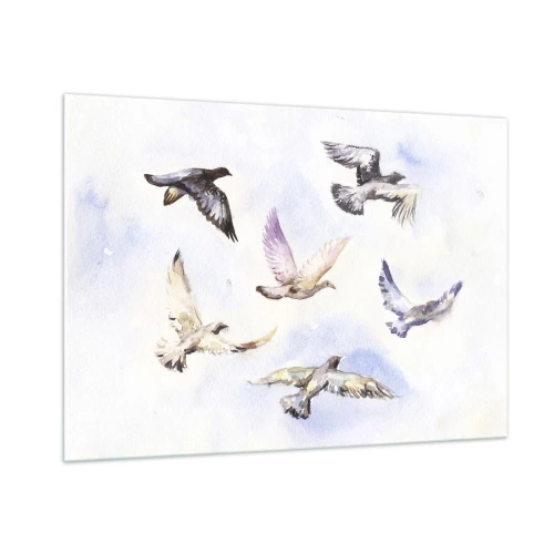 Obraz na szkle - Ptaki w locie na tle jasnego nieba - 100x70cm - Wolność w szarości i błękicie - Nowoczesna dekoracja ścienna do salonu, kuchni i sypialni ARTTOR