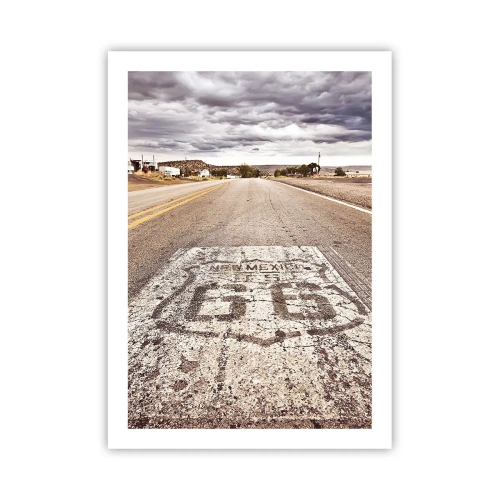 Plakat - Droga z symbolem Route 66 prowadząca przez pustynny krajobraz - 50x70cm - Mother Road - amerykańska legenda - Nowoczesna dekoracja ścienna do salonu, kuchni i sypialni ARTTOR