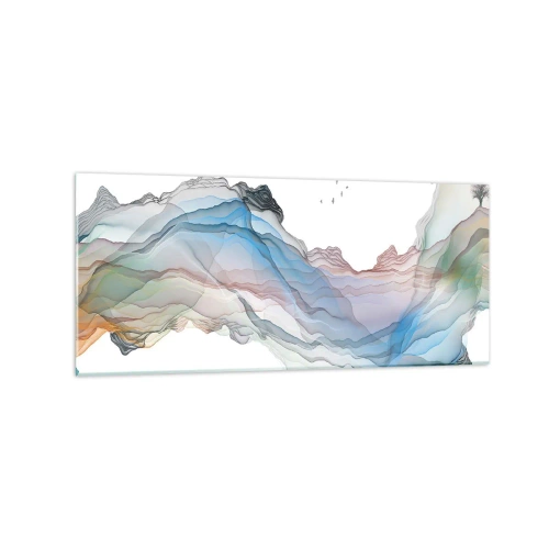 Obraz na szkle - Subtelny krajobraz z górami, wodą i łódką - 120x50cm - Ku kryształowym górom - Nowoczesna dekoracja ścienna do salonu i sypialni ARTTOR