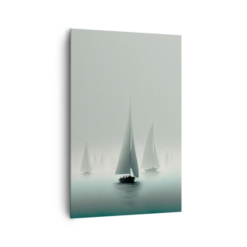 Obraz na płótnie - Żaglówki na spokojnym morzu otoczone tajemniczą mgłą - 80x120cm - Zbudowane z mgły - Nowoczesna dekoracja ścienna do salonu i sypialni ARTTOR