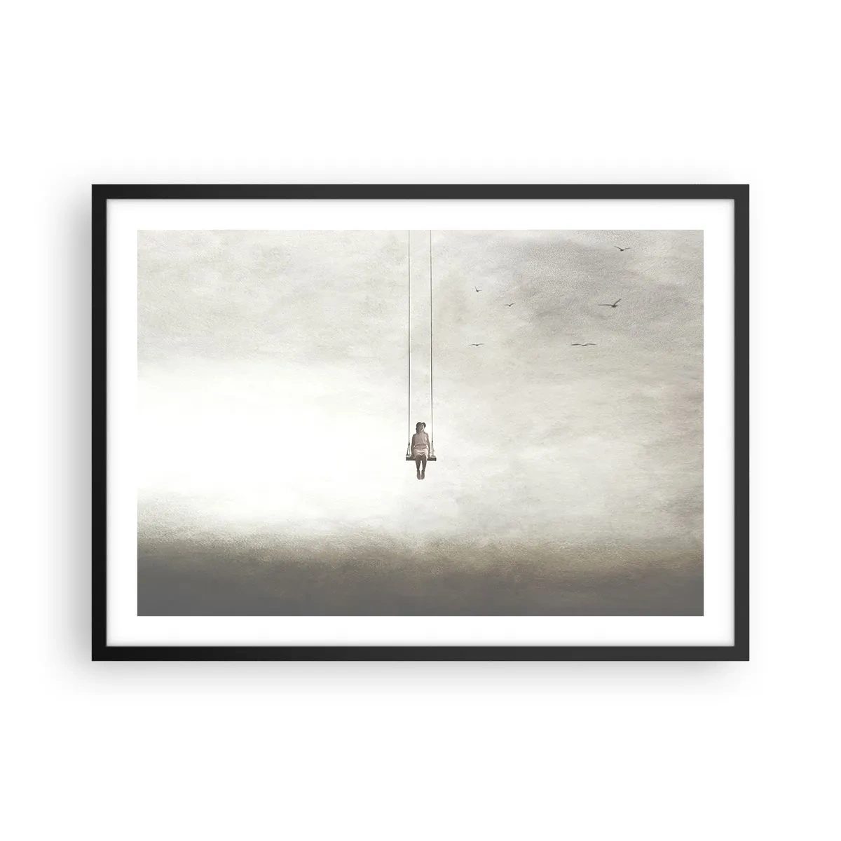 Plakat w czarnej ramie - Postać na huśtawce zawieszonej w przestrzeni - 70x50cm - Dziecko w nas - Nowoczesna dekoracja ścienna do salonu i sypialni ARTTOR