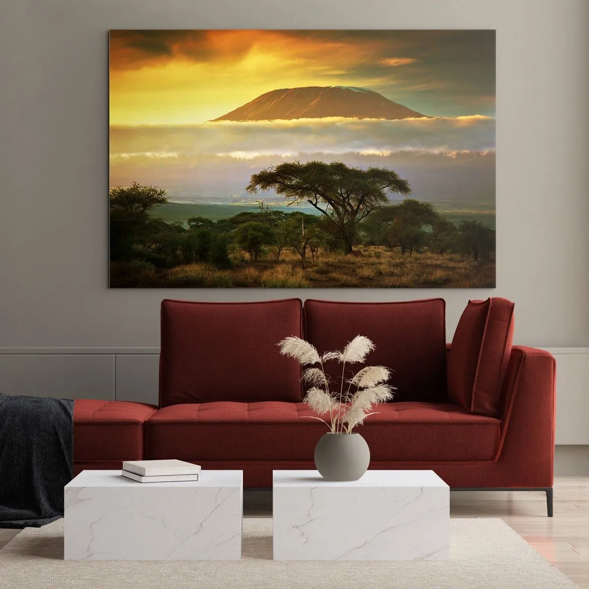 Obraz na szkle - Góra Kilimandżaro otoczona chmurami na tle afrykańskiej sawanny - 70x50cm - Sen podróżnika - Nowoczesna dekoracja ścienna do salonu i sypialni ARTTOR