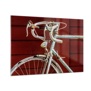 Obraz na szkle - Stary rower szosowy z lat 70. na tle czerwonej drewnianej ściany - 100x70cm - Stworzony do zwycięstw - Nowoczesna dekoracja ścienna do salonu, kuchni i sypialni ARTTOR