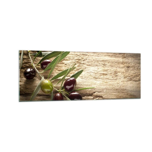 Obraz na szkle - Gałązka oliwna z owocami na tle postarzanego drewna - 140x50cm - Prosto od natury - Nowoczesna dekoracja ścienna do salonu i sypialni ARTTOR