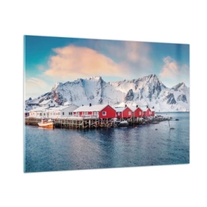 Obraz na szkle - Czerwone domki rybackie nad fiordem z górami w tle - 100x70cm - Północne ustronie - Nowoczesna dekoracja ścienna do salonu, kuchni i sypialni ARTTOR