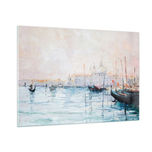 Obraz na szkle - Impresjonistyczny pejzaż z łodziami i budynkami - 100x70cm - Za wodą, za mgłą - Nowoczesna dekoracja ścienna do salonu, kuchni i sypialni ARTTOR
