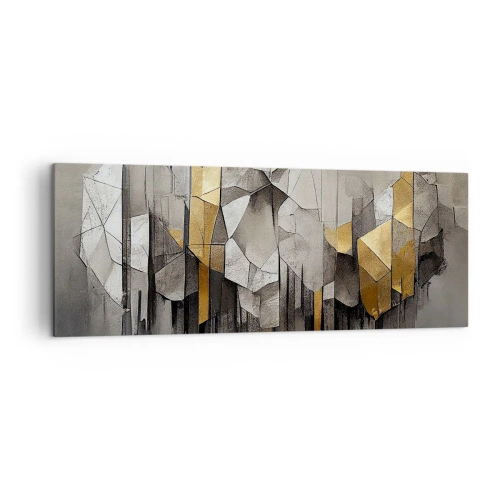 Obraz na płótnie - Geometryczna abstrakcja w odcieniach złota i szarości - 140x50cm - Kompozycja z lodu i światła - Nowoczesna dekoracja ścienna do salonu i sypialni ARTTOR