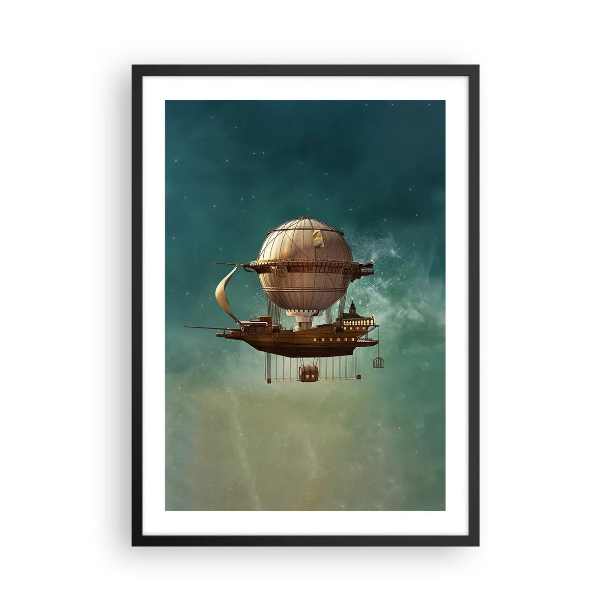 Plakat w czarnej ramie - Fantastyczny sterowiec unoszący się wśród gwiazd - 50x70cm - Juliusz Verne pozdrawia - Nowoczesna dekoracja ścienna do salonu i sypialni ARTTOR