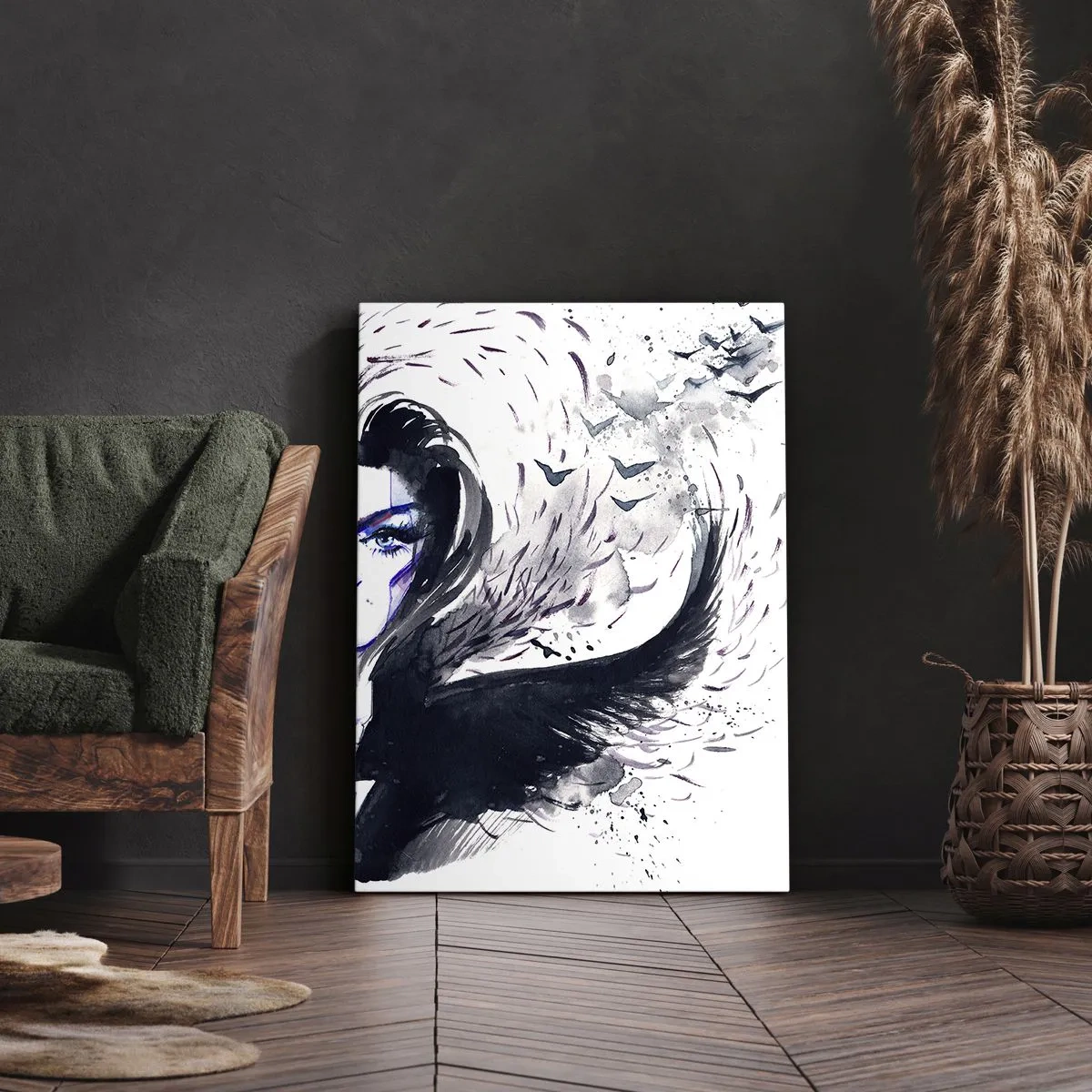 Obraz na płótnie - Akwarelowy portret kobiety z motywem czarnego łabędzia i odlatującymi ptakami - 50x70cm - Demoniczna i piękna - Nowoczesna dekoracja ścienna do salonu, kuchni i sypialni ARTTOR
