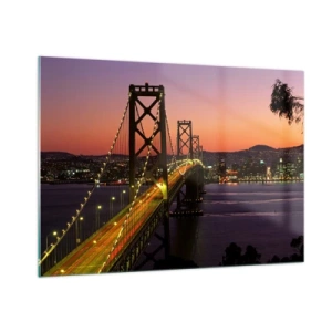 Obraz na szkle - Most nocą w świetle miasta i zachodu - 100x70cm - Wieczór we fiolecie - Nowoczesna dekoracja ścienna do salonu, kuchni i sypialni ARTTOR