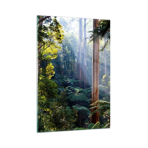 Obraz na szkle - Zielony tropikalny las z promieniami słońca - 50x70cm - Baśń lasu - Nowoczesna dekoracja ścienna do salonu, kuchni i sypialni ARTTOR